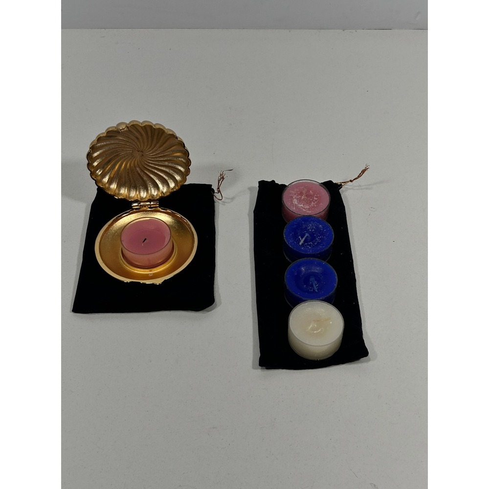PartyLite Gold Seashell Tealight Candle Holder Set with 5 Candles and Pouches